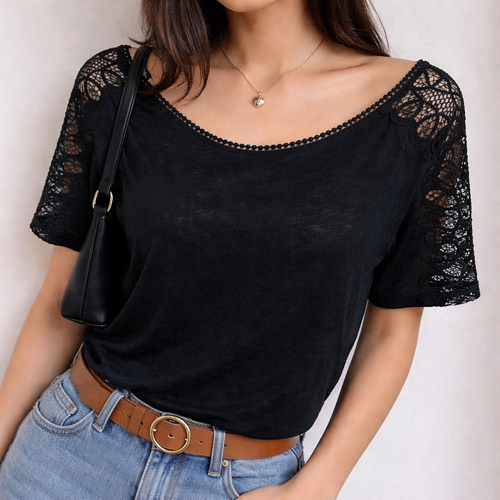 Sandro Paris Black Linen and Lace Tee (M)